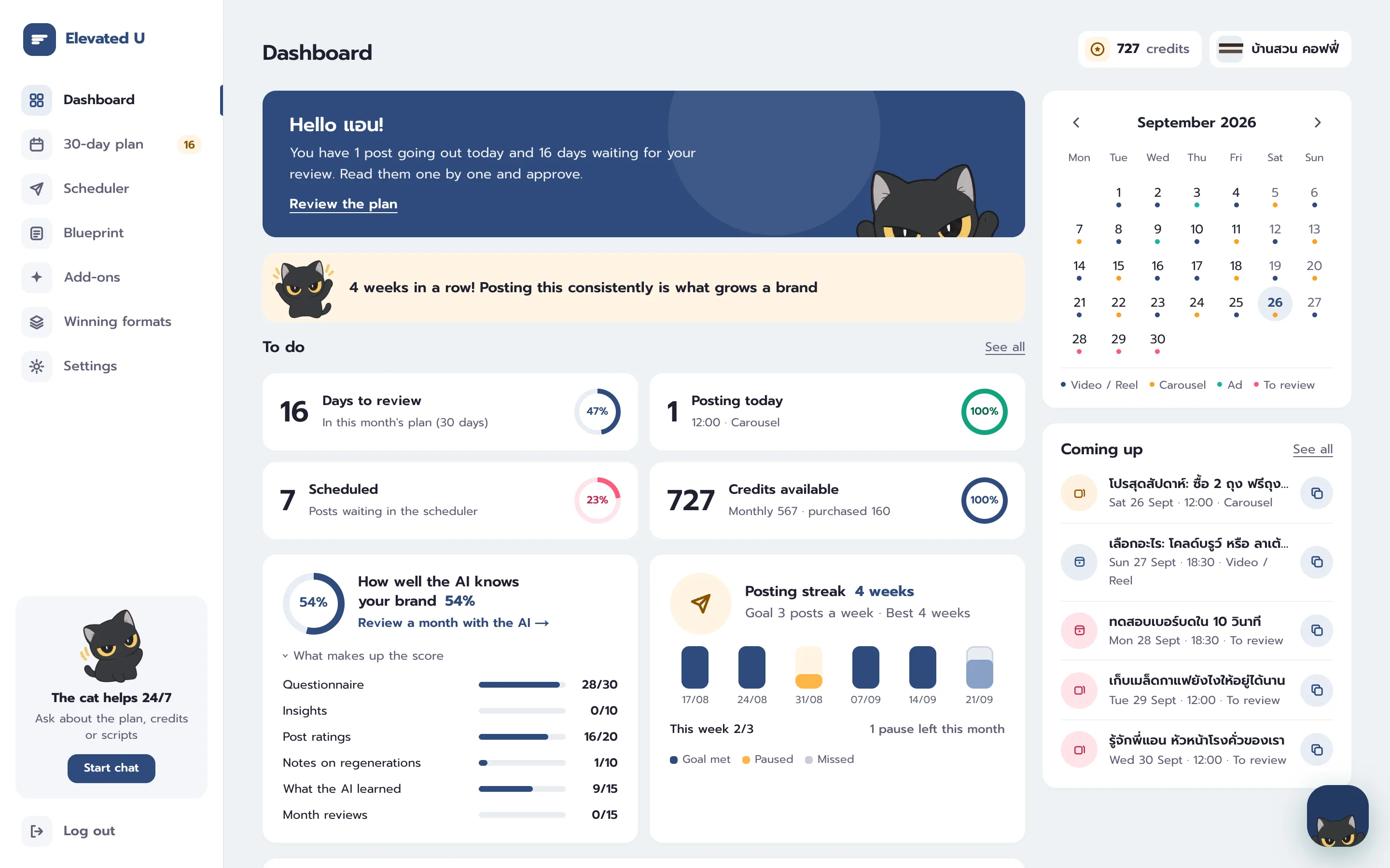The demo café's dashboard: today's post, days to review and the posting calendar